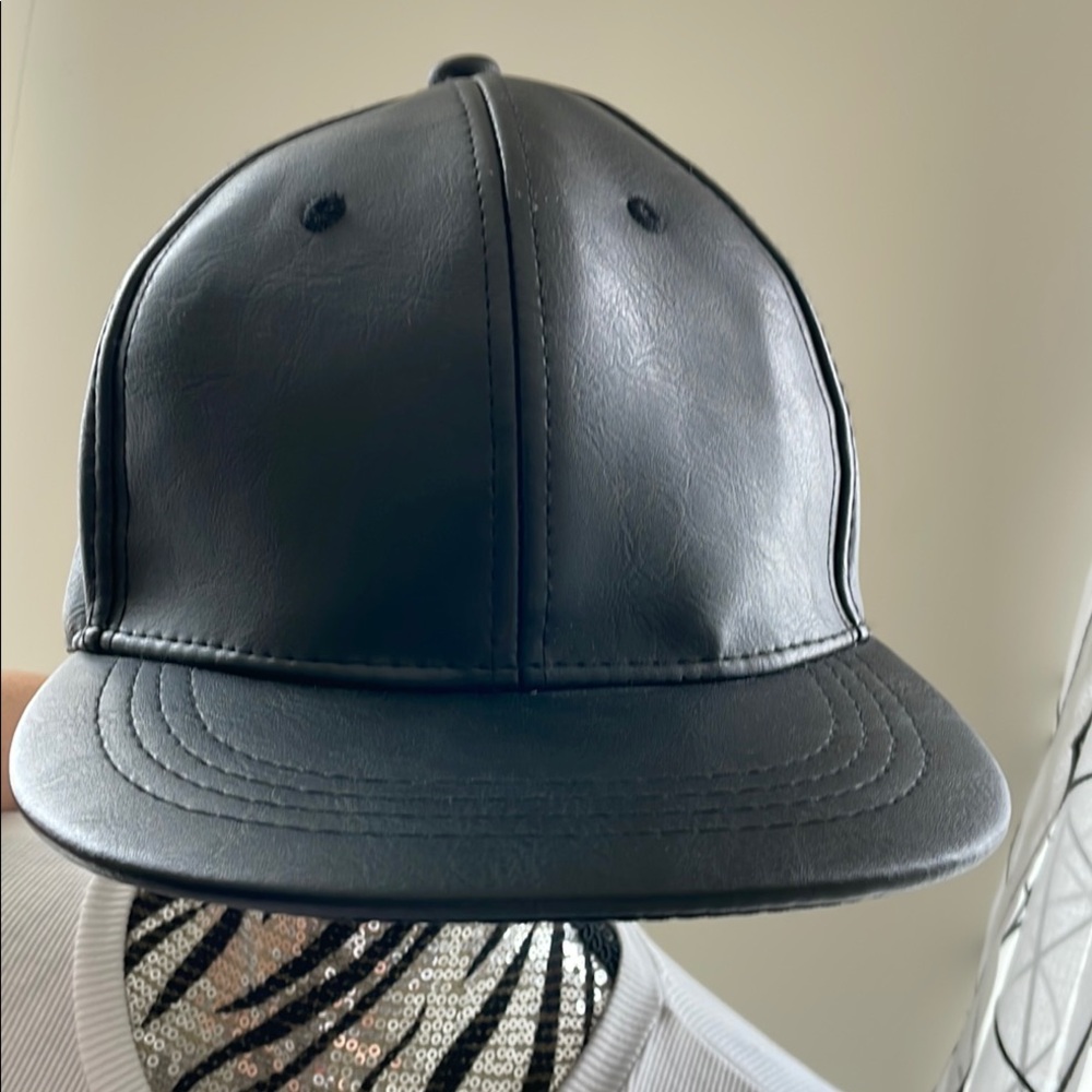 Black Faux Leather Baseball Cap